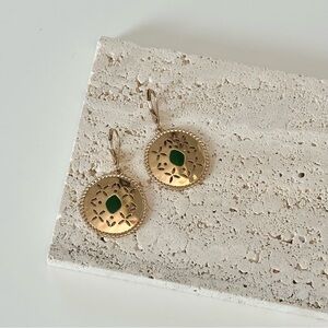 3/$20 Gold Filigree Detail Green Enamel Disk Mil-grain Lever Back Earrings